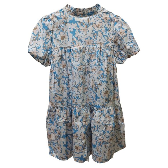 NWT Voy Blue/Brown Floral Escape Bubble Sleeve Tiered Dress~SMALL - Picture 2 of 8